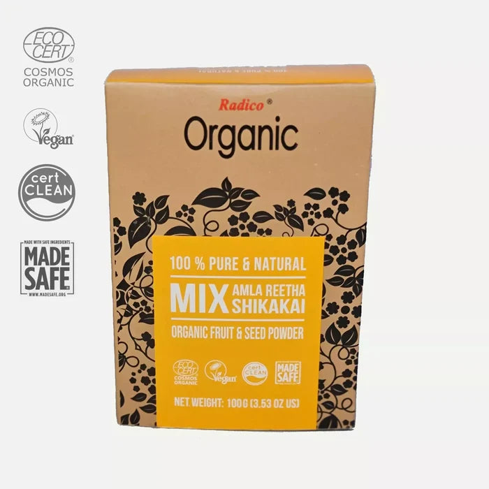 Box of Radico Organic Amla, Reetha, Shikakai Powder with certification logos - 100gi