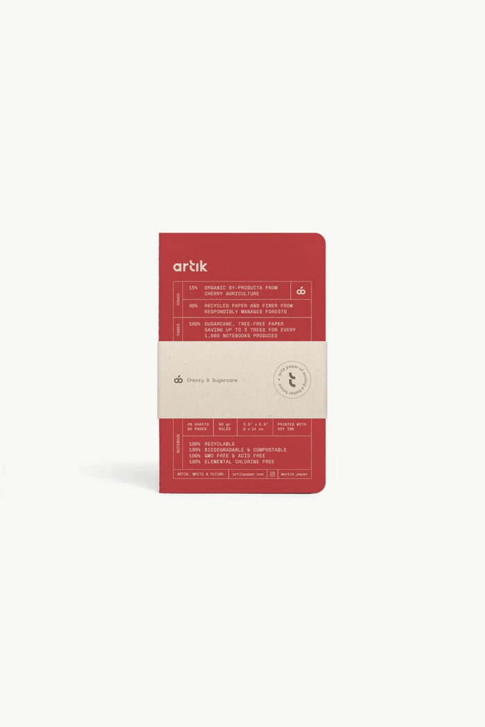 Pocket sewn notebook pack, cherry red cover with label and elastic band