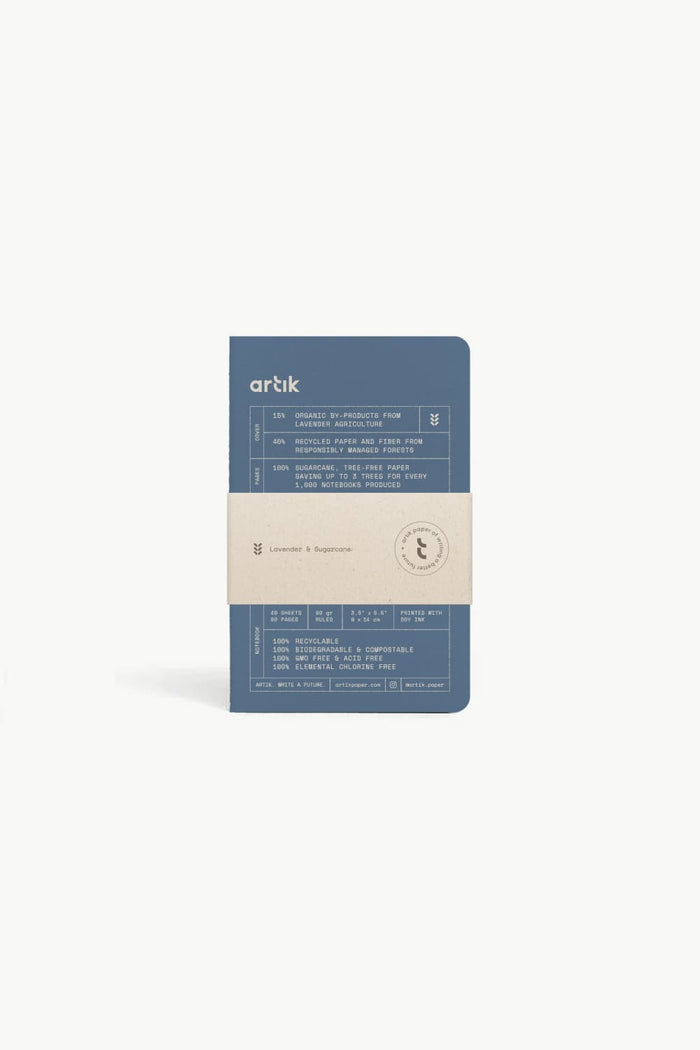 Pocket sewn notebook pack, navy blue cover with label and elastic band