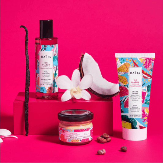 Baija skincare products on a pink background