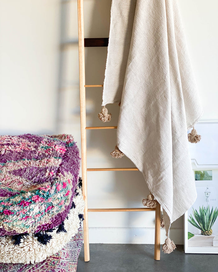Beach Beige handwoven Moroccan pom pom blanket