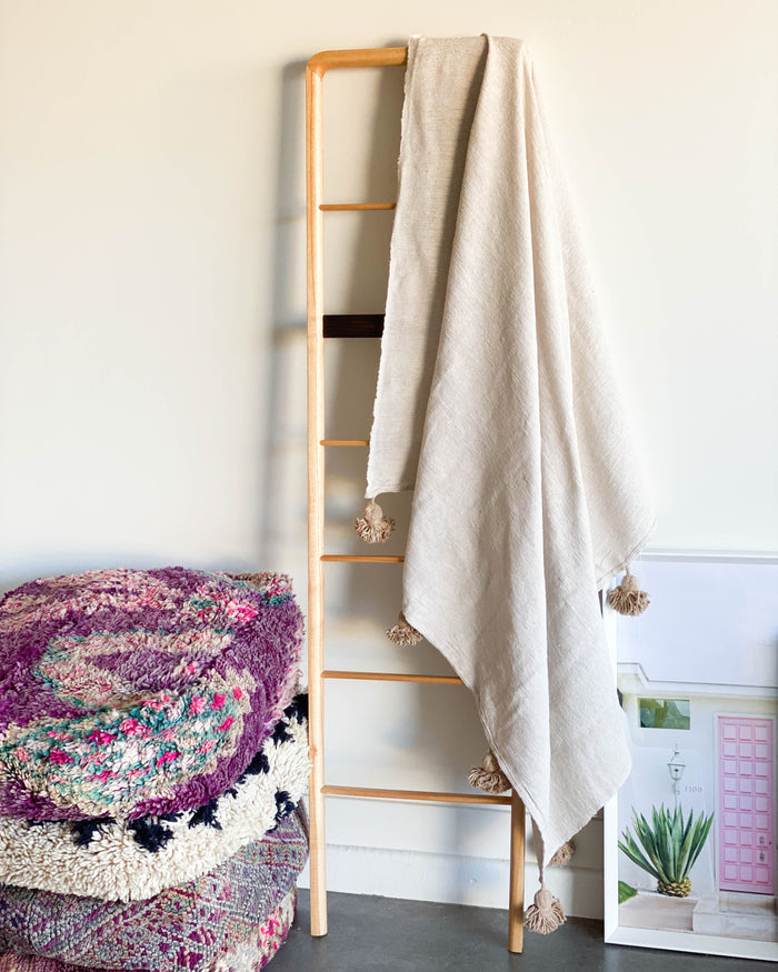 Beach Beige handwoven Moroccan pom pom blanket