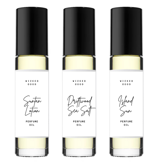 Beach Please Fragrance Flight | Wicked Good Summer Perfume Set | Driftwood & Sea Salt, Suntan Lotion, Island Sun