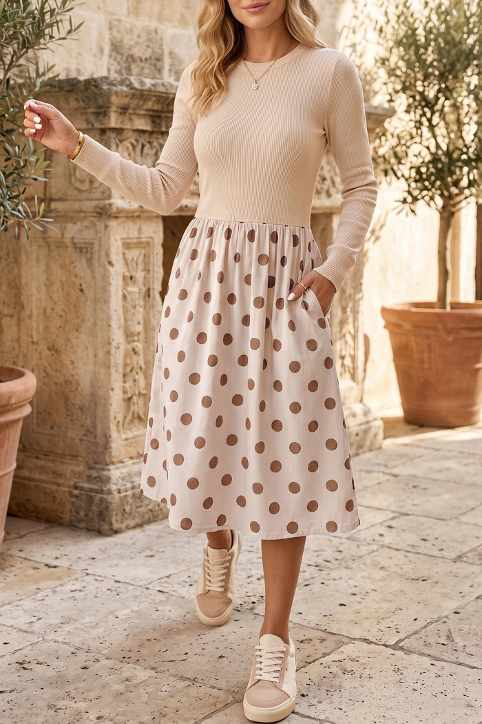 Beige Polka Dot Midi Long Sleeve Dress