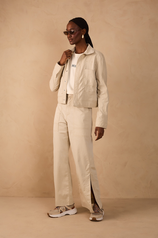 Beige Sand Front Slit Pockets Twill Pants_1