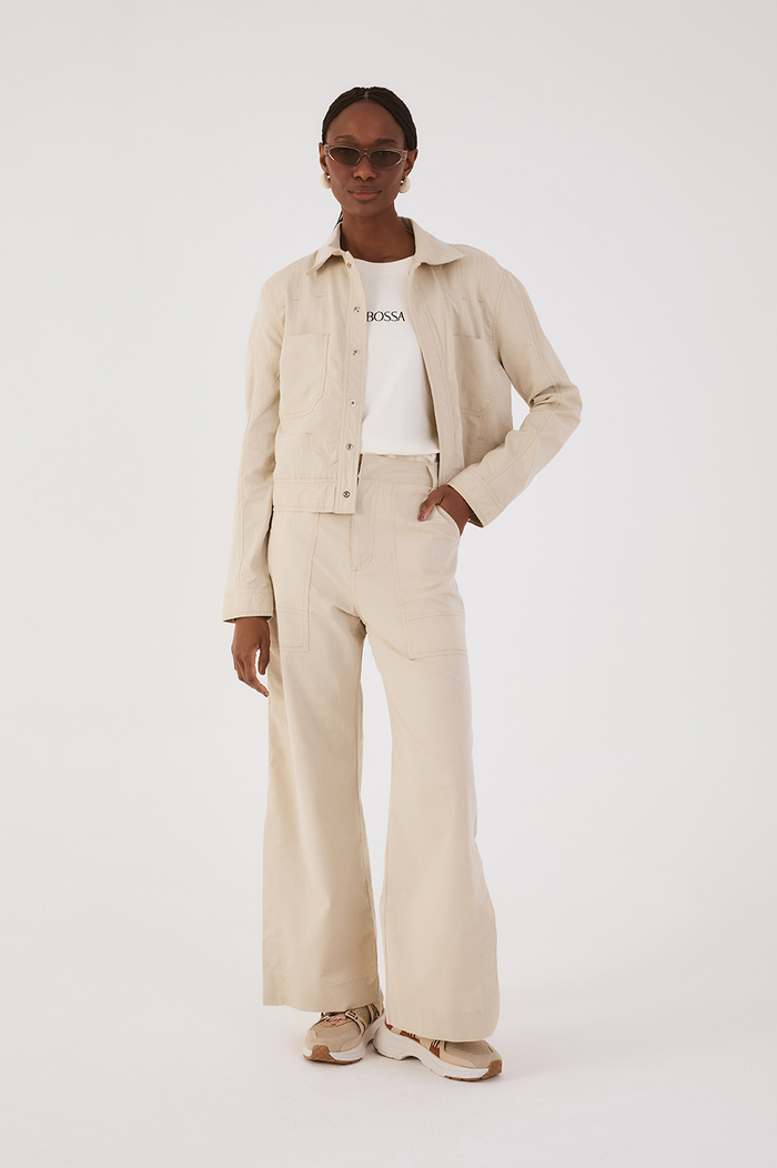 Beige Sand Front Slit Pockets Twill Pants_2