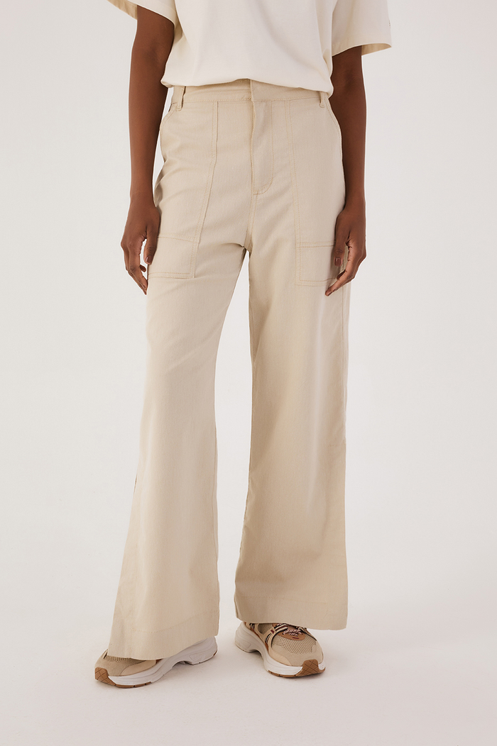 Beige Sand Front Slit Pockets Twill Pants_4