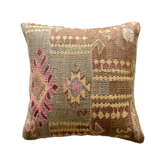turkish kilim pillow cover made with vintage brown yellow green pink textiles