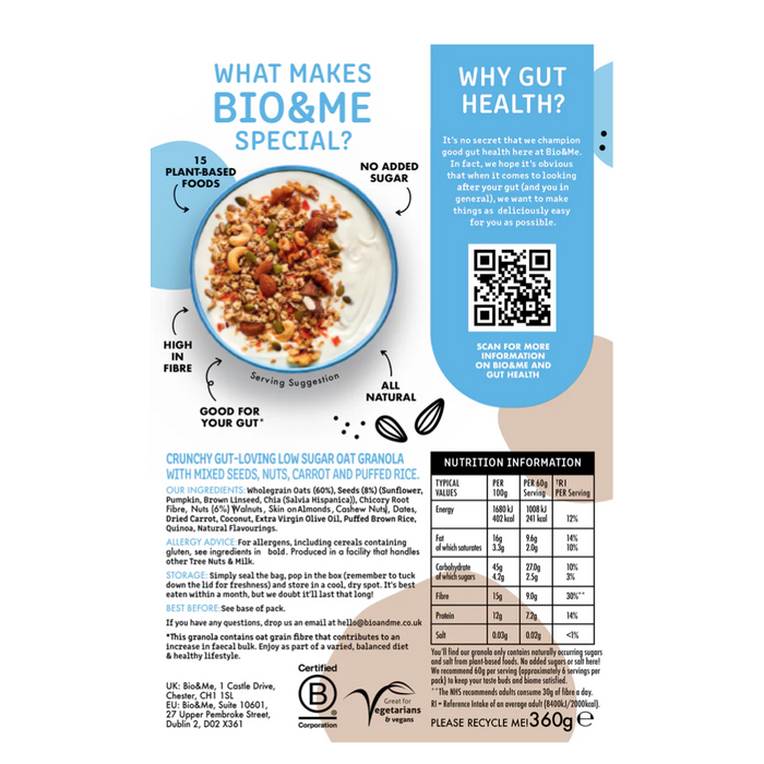 Bio&Me Low Sugar Natural Gut Loving Vegan Granola 360g