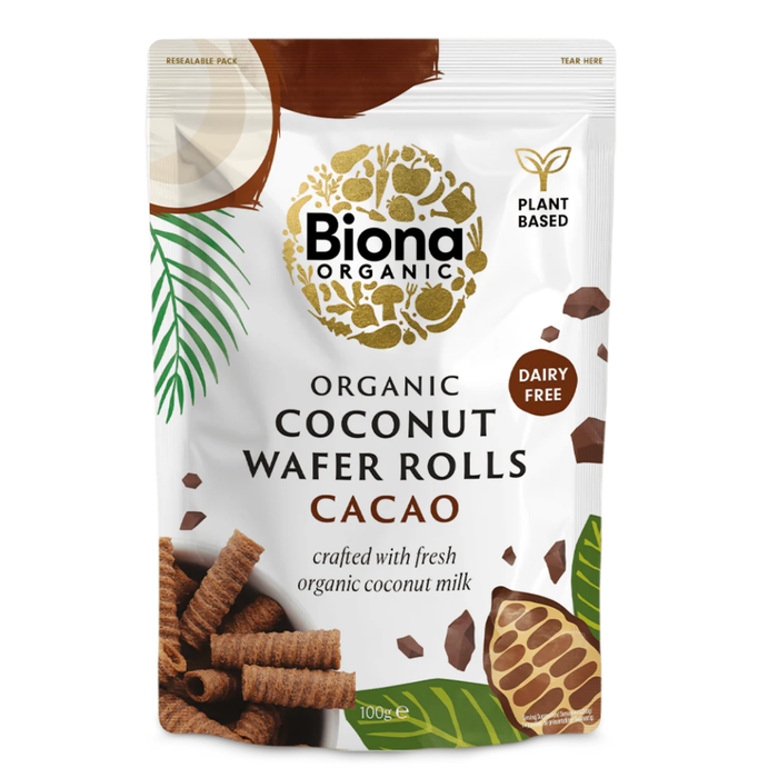 Biona Organic Cacao Coconut Wafer Rolls 100g