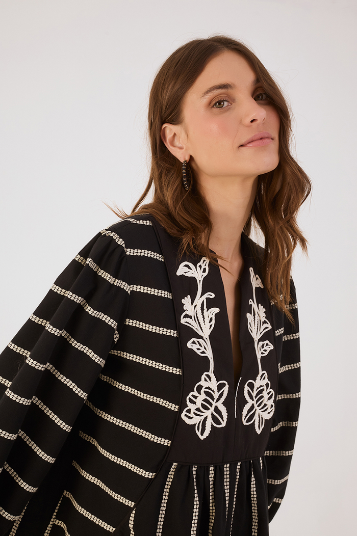 Black Embroidered Flowers V Neck Cotton Mini Dress_4