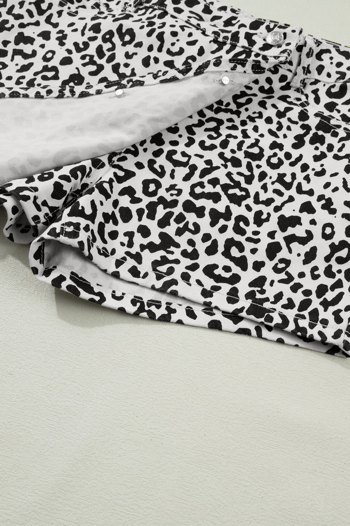 Black Leopard Print Button Overlap Denim Shorts