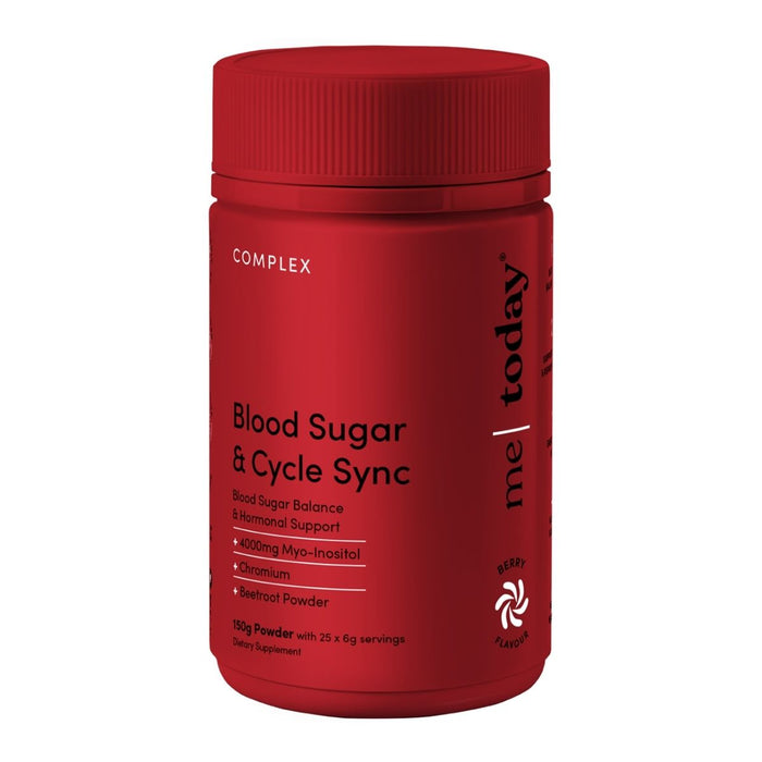 Red supplement bottle labeled 'Blood Sugar & Cycle Sync' on a white background