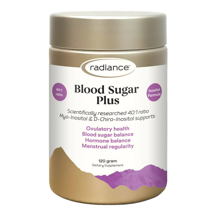 Radiance Blood Sugar Plus supplement container on a white background.