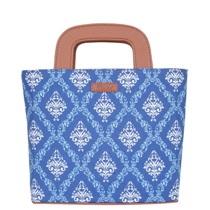 Women’s blue handcrafted printed canvas tote handbag with vegan leather handles for travel, work and everyday use