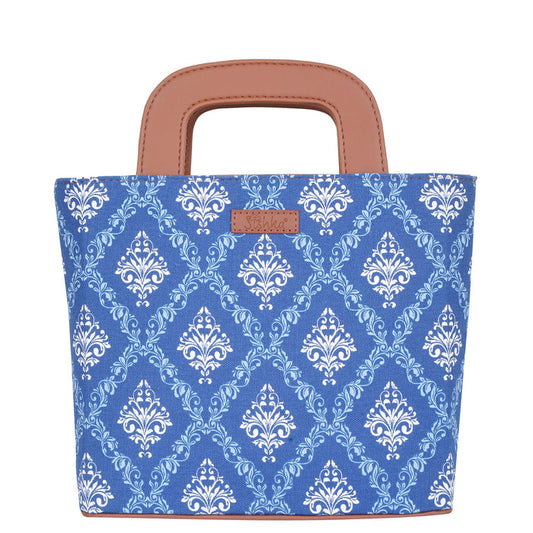 Women’s blue handcrafted printed canvas tote handbag with vegan leather handles for travel, work and everyday use