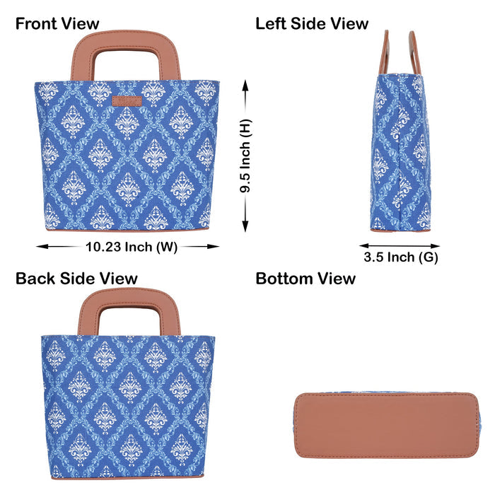 Women’s blue handcrafted printed canvas tote handbag with vegan leather handles for travel, work and everyday use-infographic image