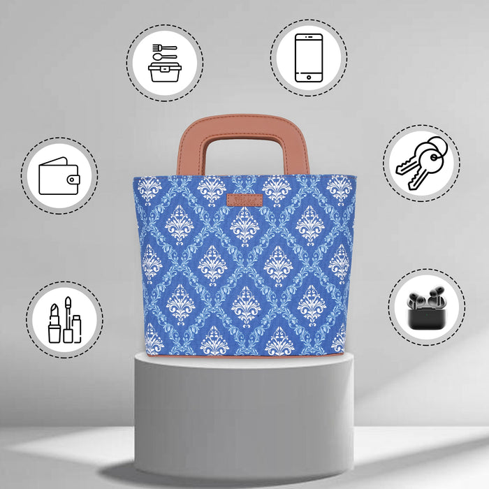 Women’s blue handcrafted printed canvas tote handbag with vegan leather handles for travel, work and everyday use-feature image