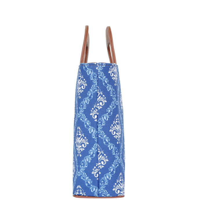 Women’s blue handcrafted printed canvas tote handbag with vegan leather handles for travel, work and everyday use-side view