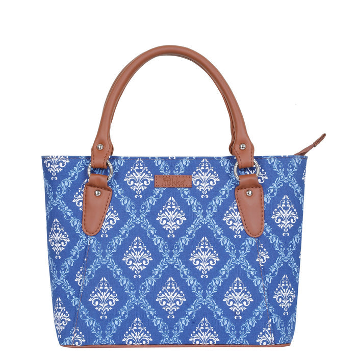 Women’s blue handcrafted printed canvas tote bag with vegan leather handles