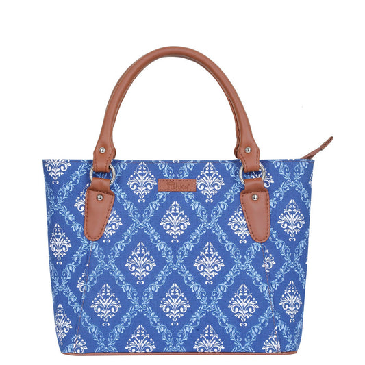 Women’s blue handcrafted printed canvas tote bag with vegan leather handles
