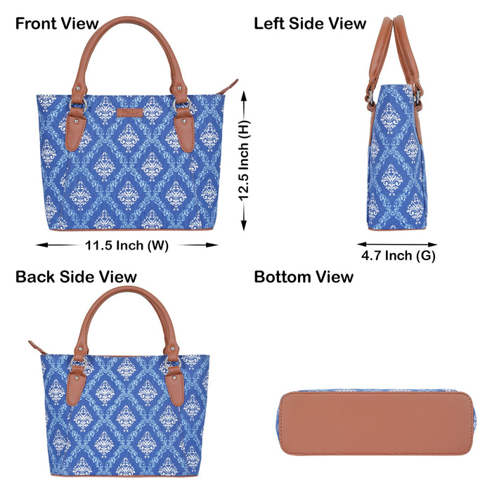 Women’s blue handcrafted printed canvas tote bag with vegan leather handles-infographic image
