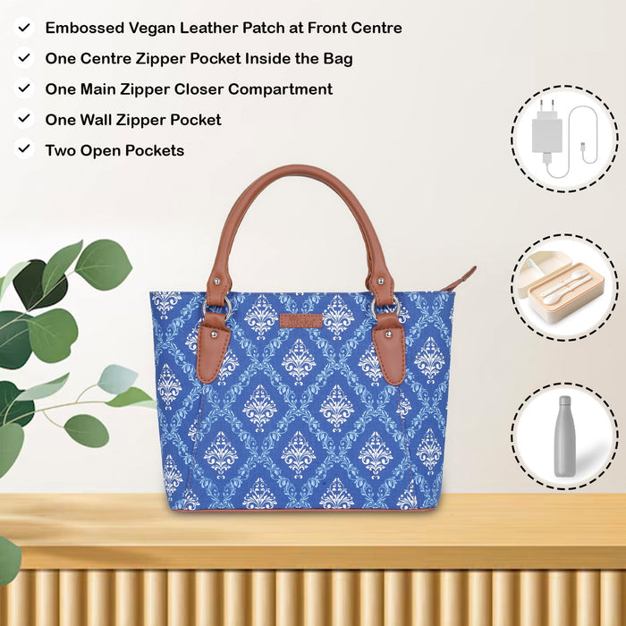 Women’s blue handcrafted printed canvas tote bag with vegan leather handles-feature image