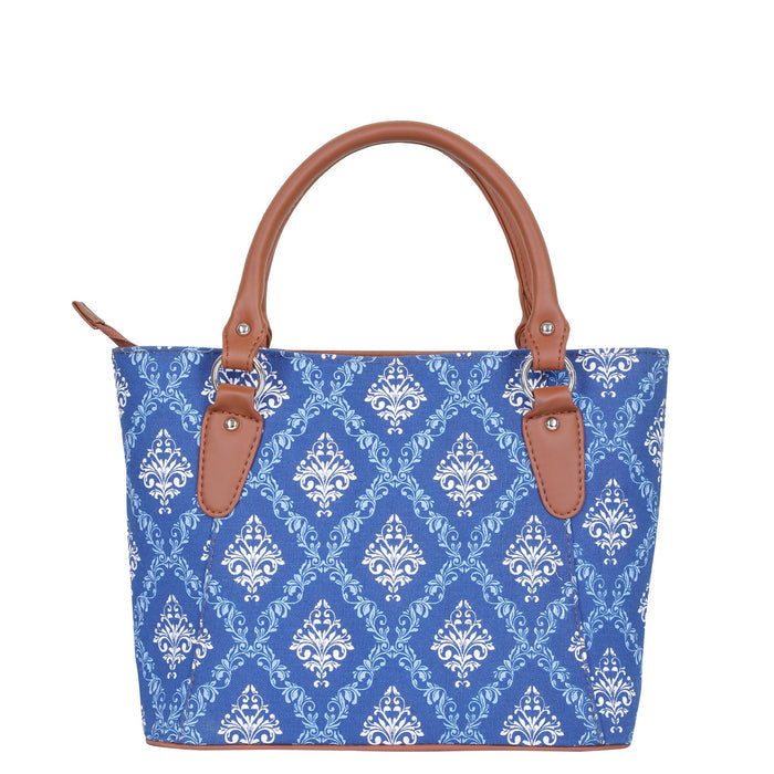 Women’s blue handcrafted printed canvas tote bag with vegan leather handles-back view