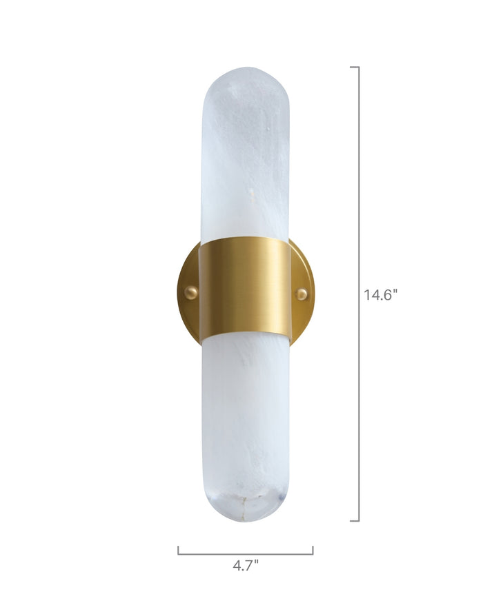 Vertical brass wall sconce with a frosted, textured glass tube held by a central brushed brass band and round backplate, measuring approximately 14.6 inches tall and 4.7 inches wide, designed to emit soft ambient light.