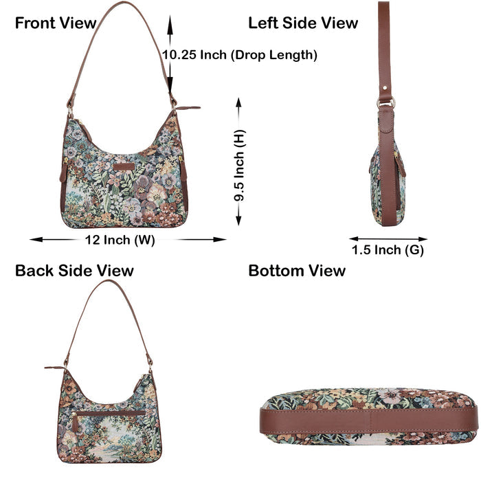 Women's Botanical Tapestry Hobo Shoulder Bag with Leather Trim - Canada & USA-infographic image