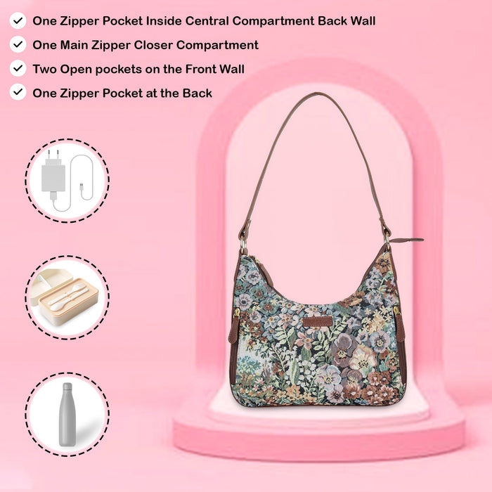 Women's Botanical Tapestry Hobo Shoulder Bag with Leather Trim - Canada & USA-feature image