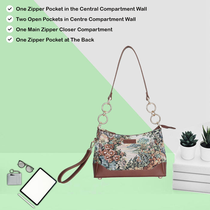 Women's Botanical Tapestry Chain Shoulder Bag with Leather Trim - Canada & USA-feature view