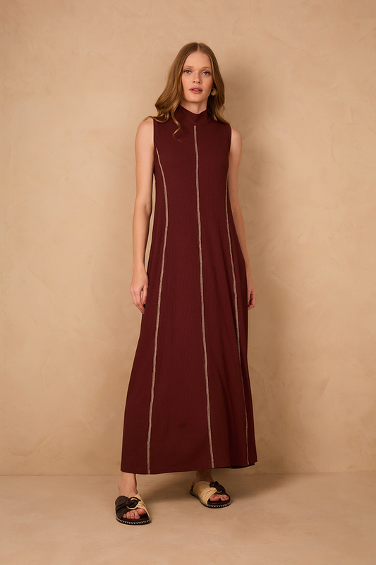 Brown Caffeine Ribbed Stitch  Maxi Dress_1