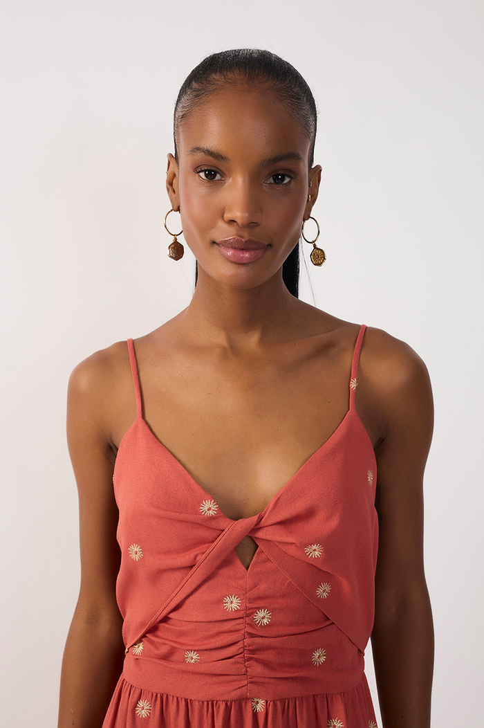 Brown Embroidered Linen Mini Dress_5