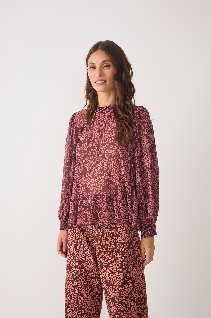 Brown High Neck Ruffled Mesh Blouse_2