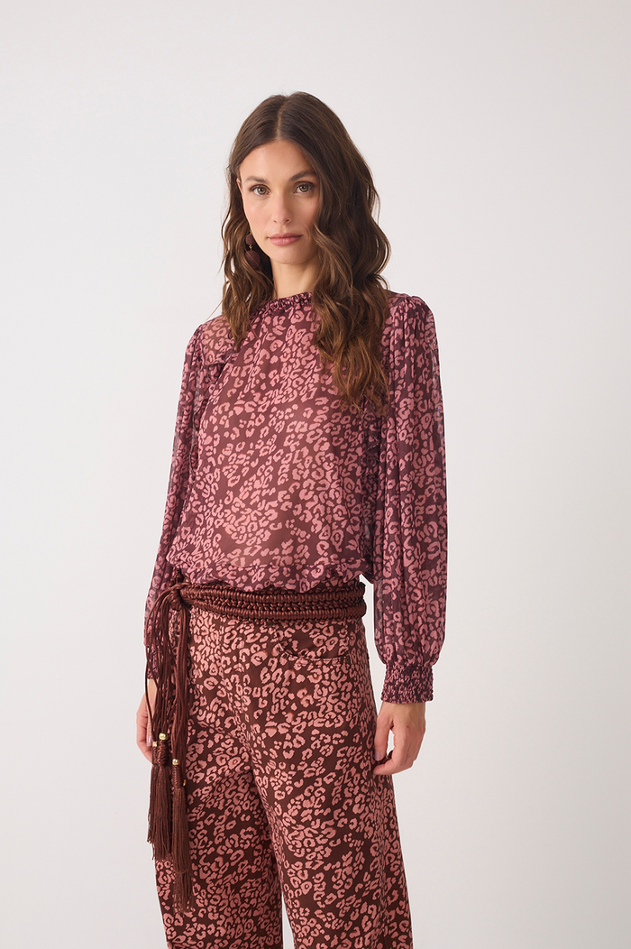 Brown High Neck Ruffled Mesh Blouse_3
