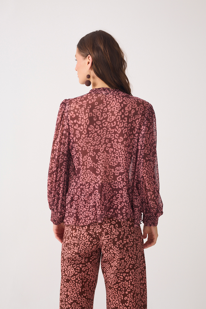 Brown High Neck Ruffled Mesh Blouse_5