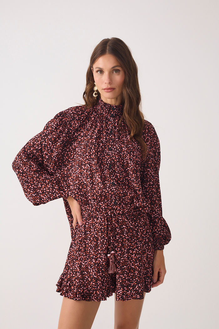 Brown High Neck Smocked Blouse_2
