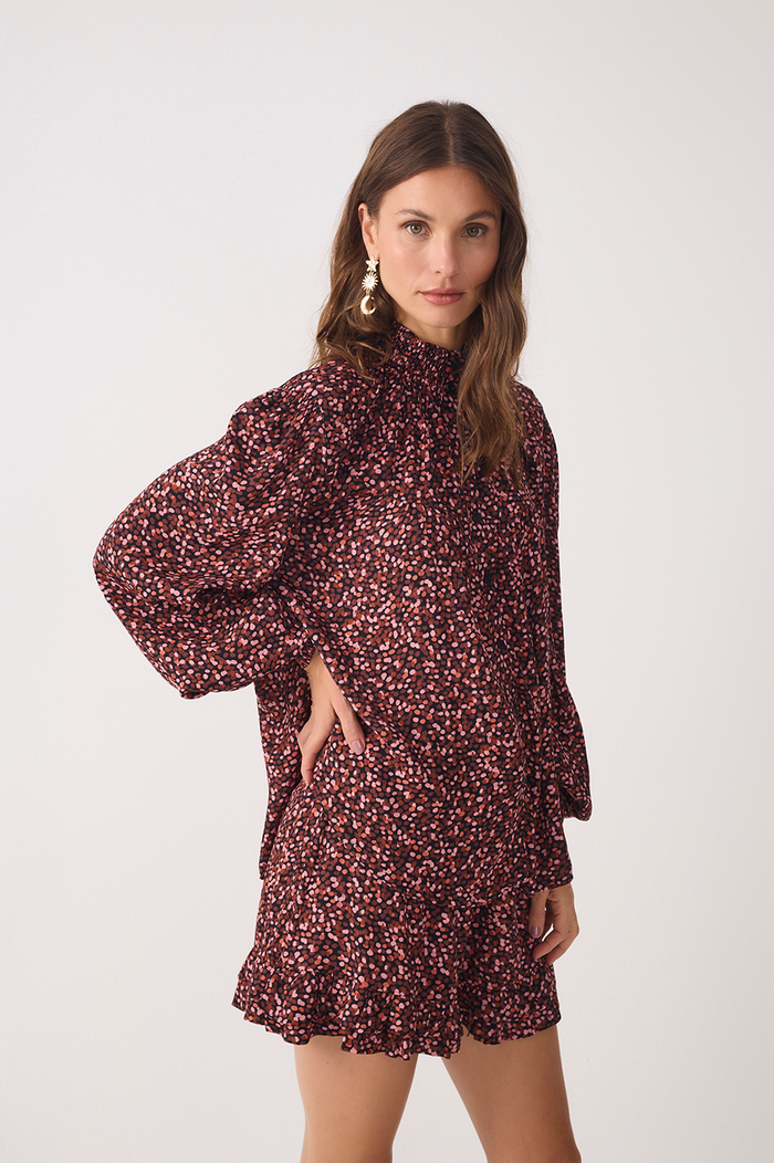 Brown High Neck Smocked Blouse_3