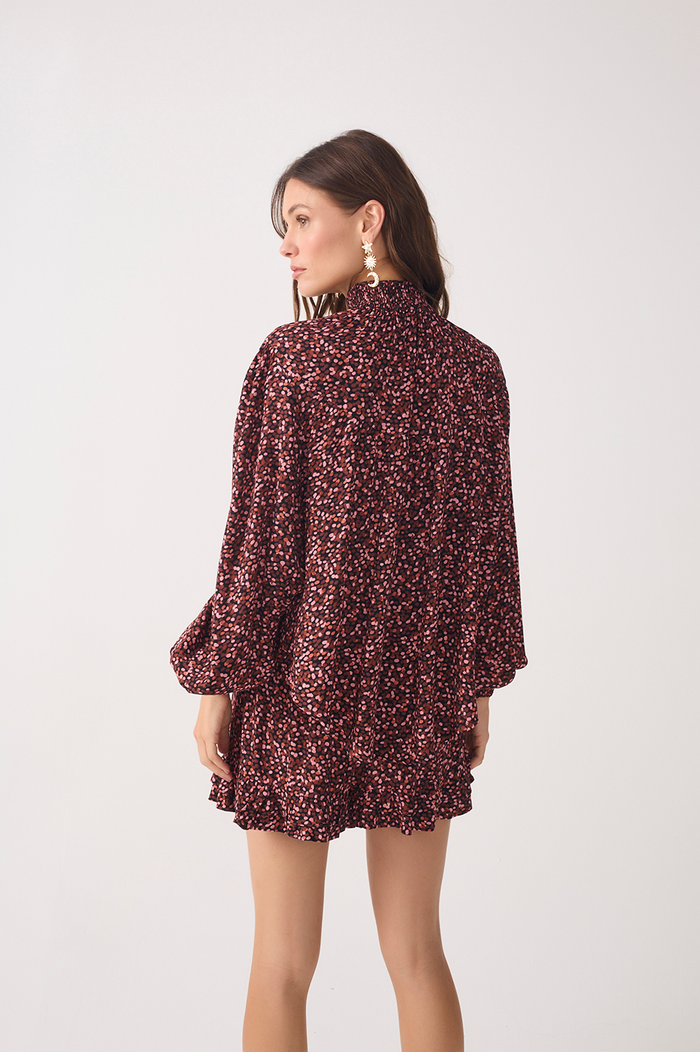 Brown High Neck Smocked Blouse_5