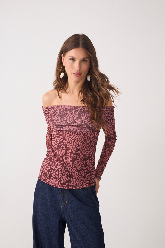 Brown Off-The-Shoulder Mesh Blouse_2