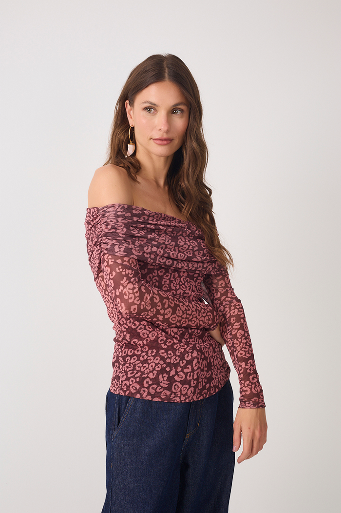 Brown Off-The-Shoulder Mesh Blouse_3