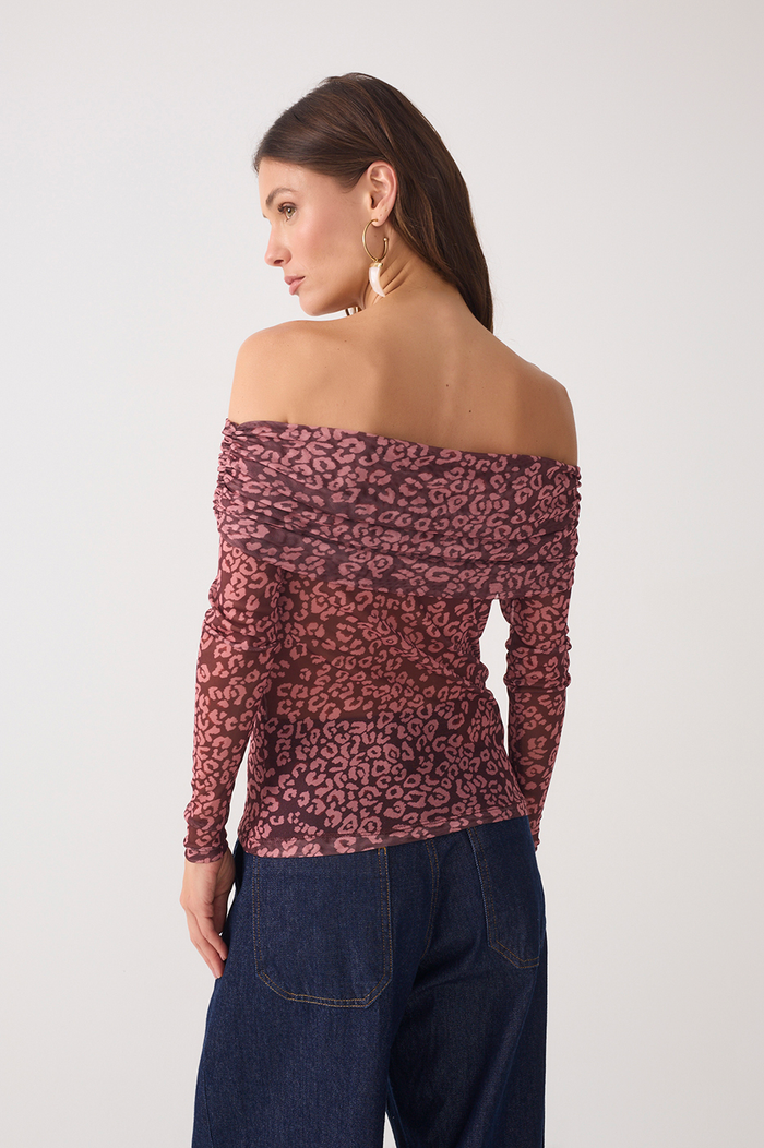 Brown Off-The-Shoulder Mesh Blouse_4