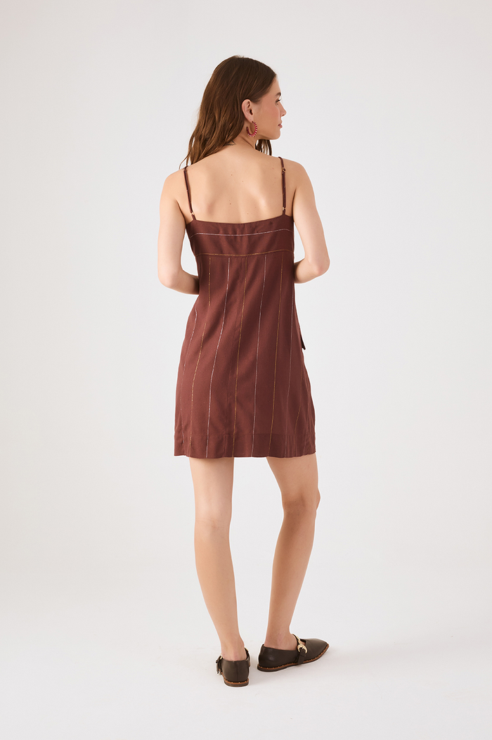 Brown Stripes Lurex Front Ties Sleeveless Buttoned Linen Mini Dress_5