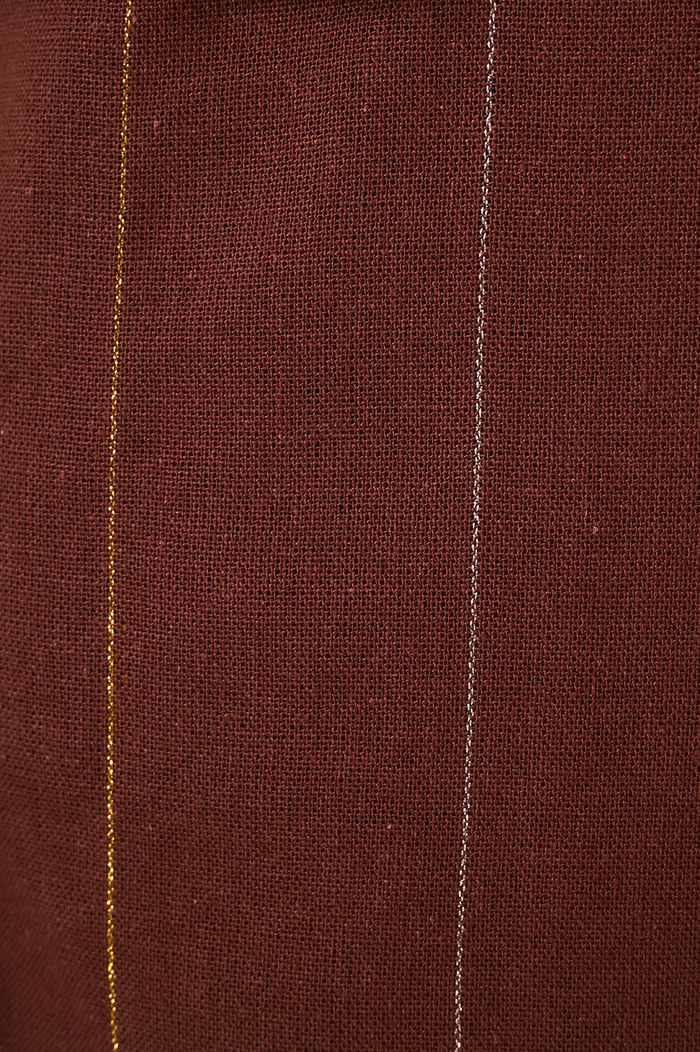 Brown Stripes Lurex Front Ties Sleeveless Buttoned Linen Mini Dress_6