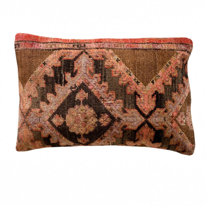 Carmella Handmade traditional Turkish oushak lumbar pillow cover made with vintage rugs 16x24 brown pink black