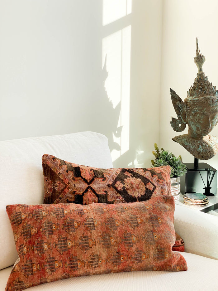 Carmella Handmade traditional Turkish oushak lumbar pillow cover made with vintage rugs 16x24 brown pink black