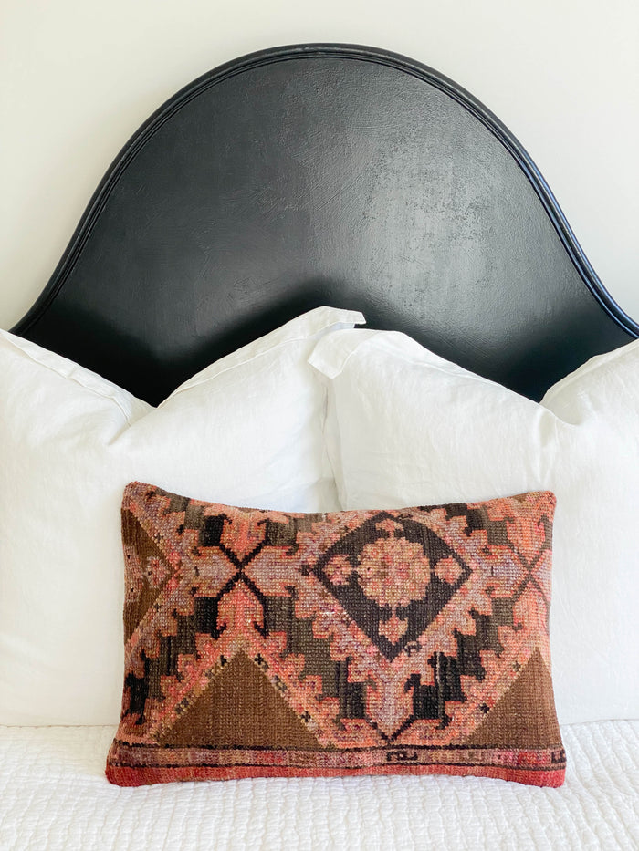 Carmella Handmade traditional Turkish oushak lumbar pillow cover made with vintage rugs 16x24 brown pink black