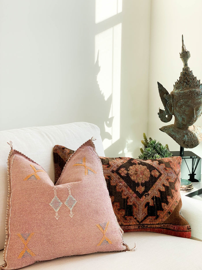 Carmella Handmade traditional Turkish oushak lumbar pillow cover made with vintage rugs 16x24 brown pink black