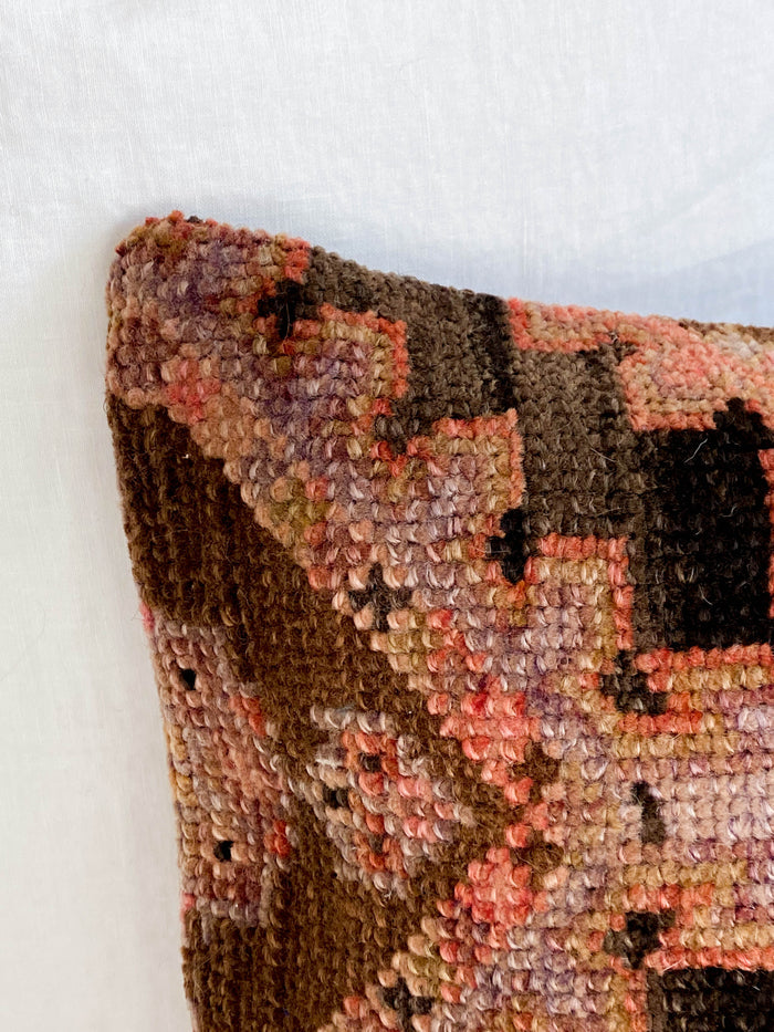 Carmella Handmade traditional Turkish oushak lumbar pillow cover made with vintage rugs 16x24 brown pink black